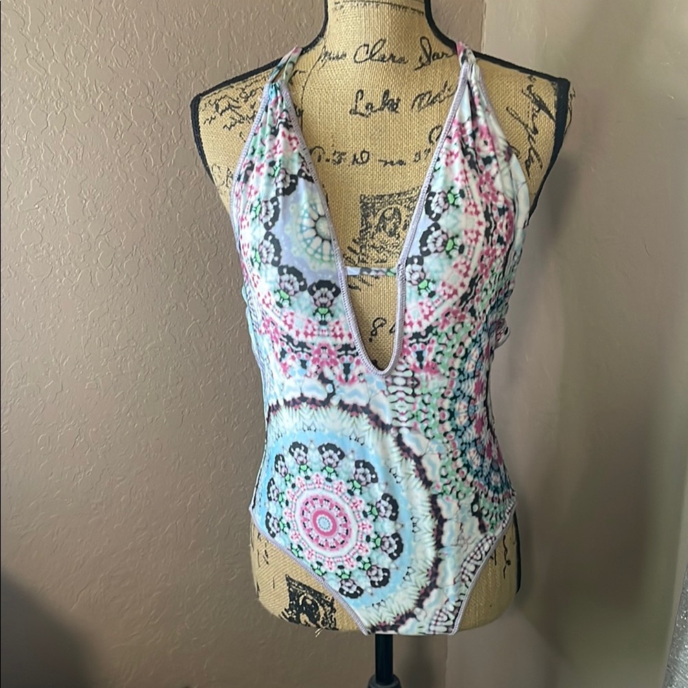 Blue and Pink Asymmetrical Cut-Out swimsuit